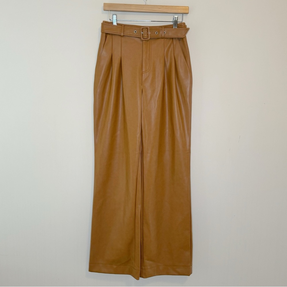 7 For All Mankind Vegan Leather Hi-Rise Wide Leg Belted Pants Cognac Size S
